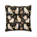 Indoor Square Floor Pillow - Elegant felines and sparkling gold yarn on black, adorable cats with golden paw prints, sophisticated pet motif, charming animal pattern, cozy and warm artistic illustration
