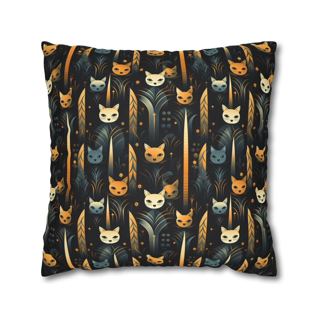 Square Pillowcase - A sleek and stylish Art Deco-inspired pattern depicting a serene nocturnal landscape with streamlined cat silhouettes and radiating golden light among abstract plants.