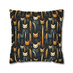 Square Pillowcase - A sleek and stylish Art Deco-inspired pattern depicting a serene nocturnal landscape with streamlined cat silhouettes and radiating golden light among abstract plants.