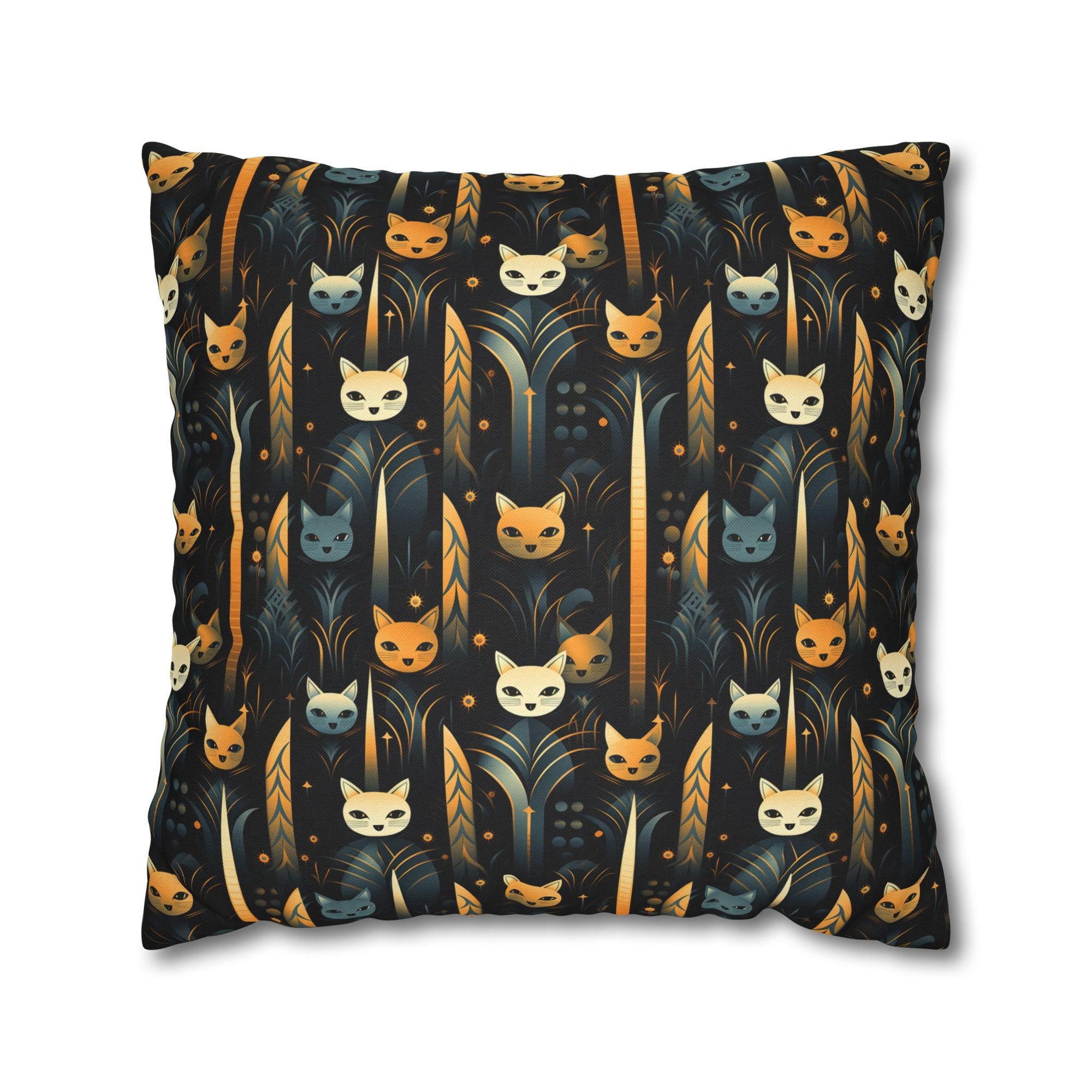 Square Pillowcase - A sleek and stylish Art Deco-inspired pattern depicting a serene nocturnal landscape with streamlined cat silhouettes and radiating golden light among abstract plants.