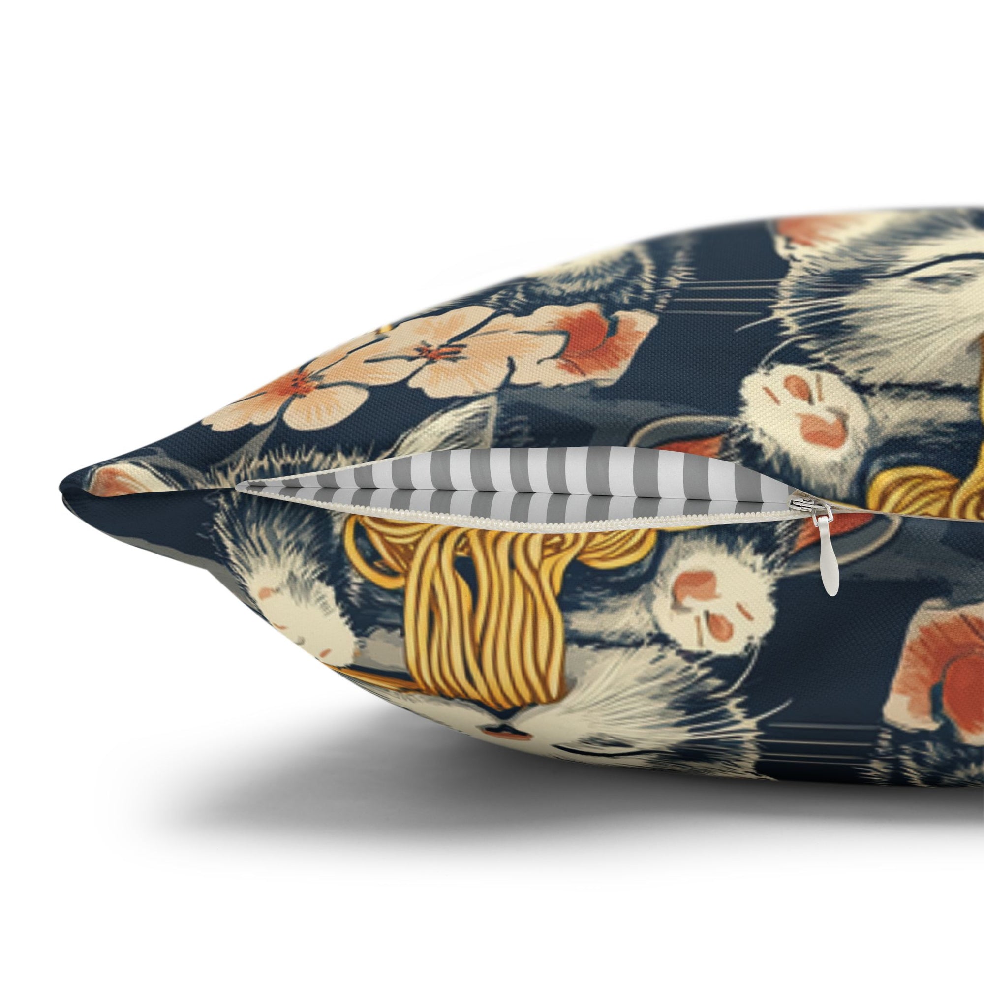 Square Pillowcase - A charming and detailed illustration of happy kittens in red ramen bowls eating their noodles with chopsticks among beautiful pink cherry blossoms on a dark background.