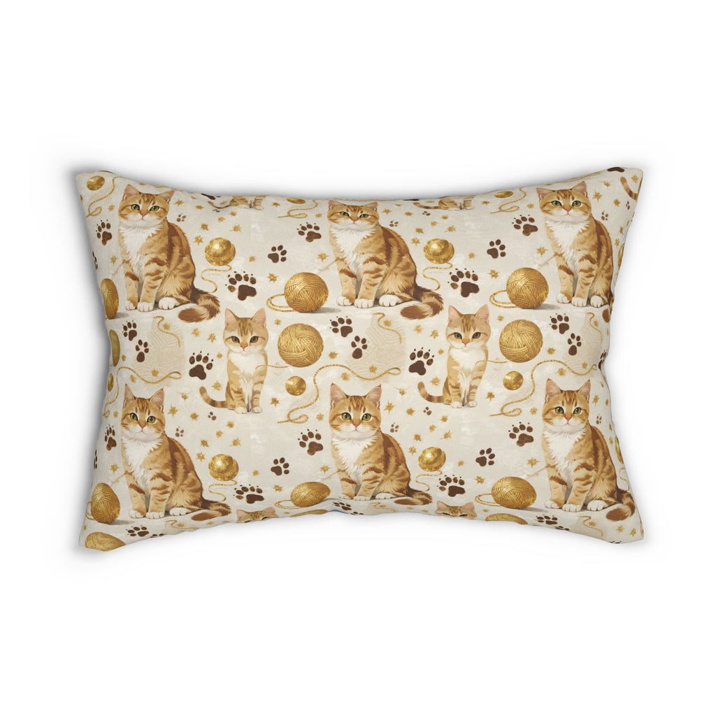 Indoor Lumbar Pillow - Adorable ginger cat with bright green eyes, sparkling gold yarn and paw prints, classic tabby cat illustration, cream background, cute and charming pet themed art
