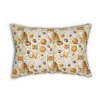 Indoor Lumbar Pillow - Adorable ginger cat with bright green eyes, sparkling gold yarn and paw prints, classic tabby cat illustration, cream background, cute and charming pet themed art