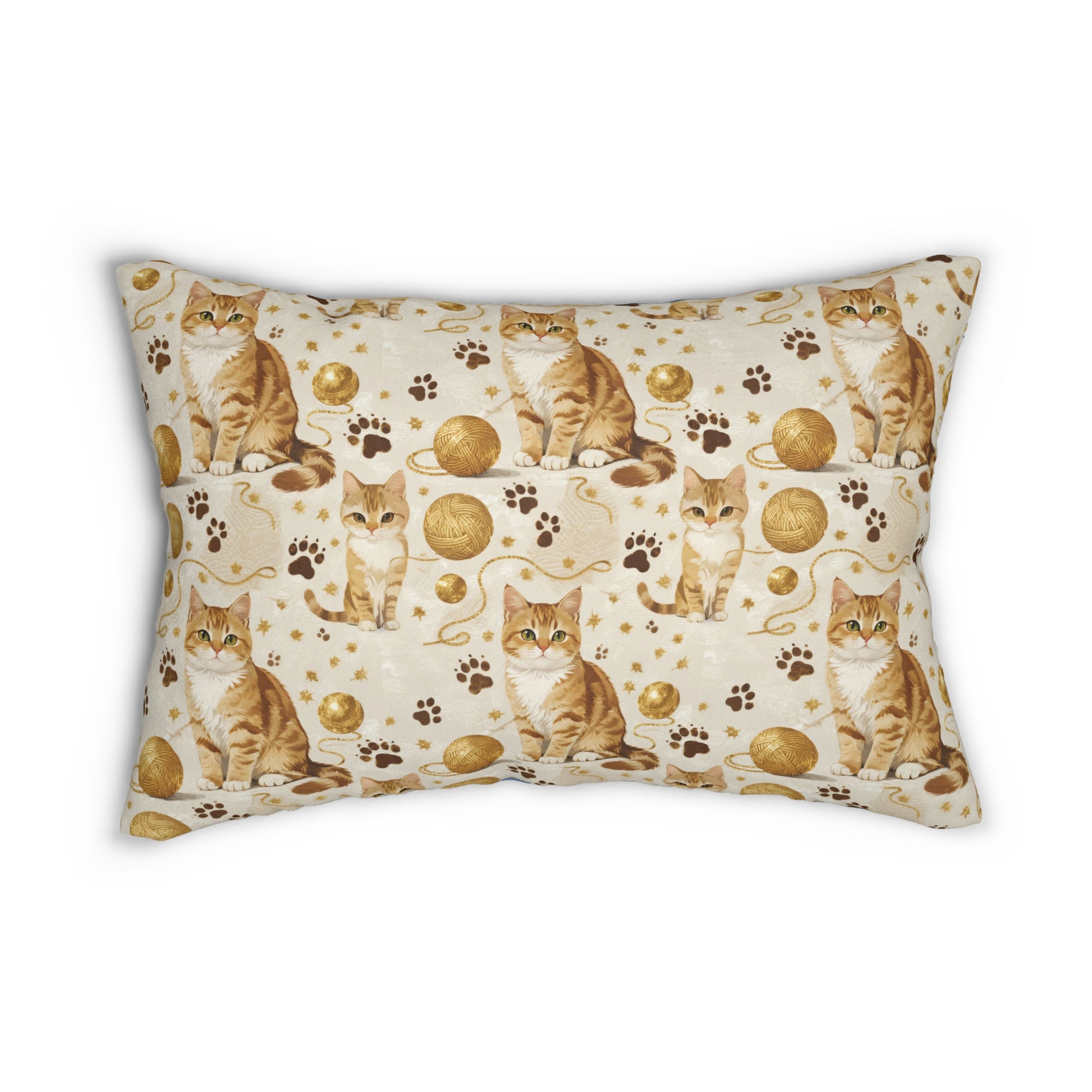 Indoor Lumbar Pillow - Adorable ginger cat with bright green eyes, sparkling gold yarn and paw prints, classic tabby cat illustration, cream background, cute and charming pet themed art