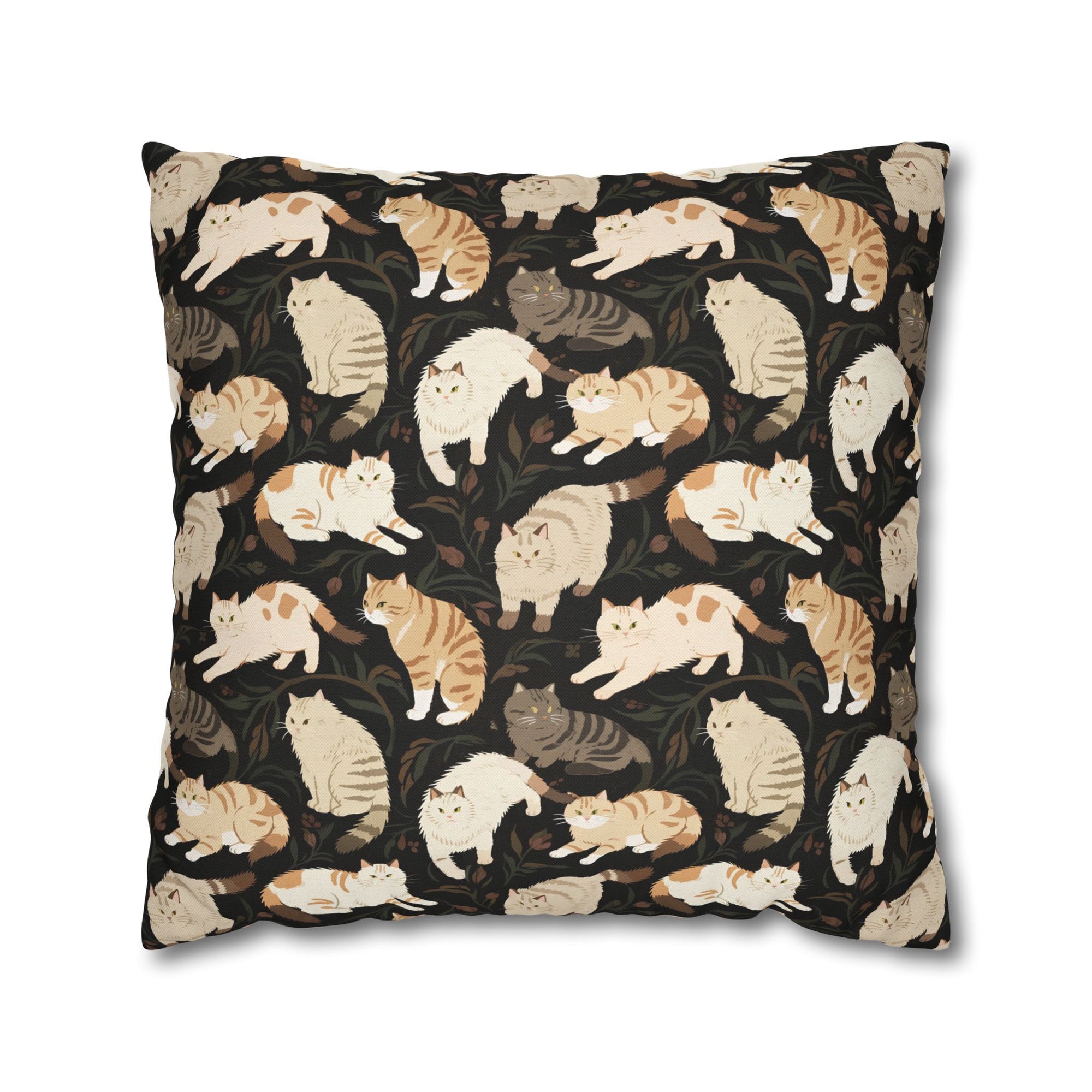 Square Pillowcase - Earthy Toned Cats Lounge and Play Amidst Dark Foliage in a Serene and Naturally Inspired Seamless Pattern Design