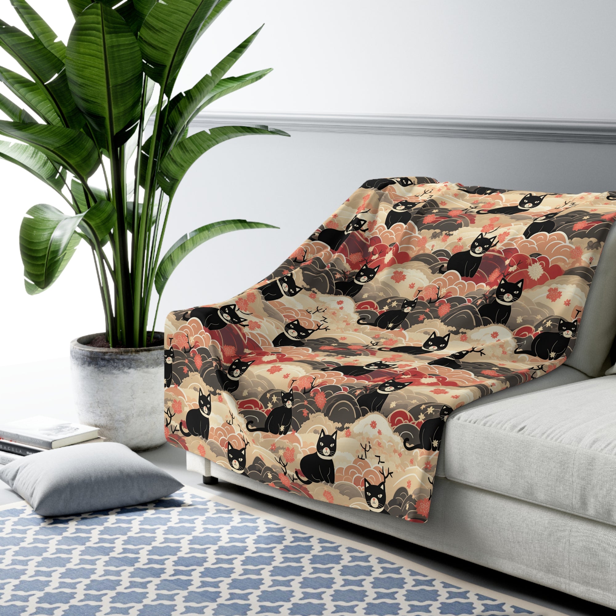 Sherpa Blanket - A whimsical and enchanting Japanese-style pattern featuring cute black and orange cats nestled among vibrant orange blossoms and soft, cloudy backgrounds.