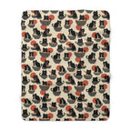 Sherpa Blanket - A whimsical and delightful hand-drawn style pattern of adorable black cats eating bowls of delicious ramen noodles with a large red sun in the background.