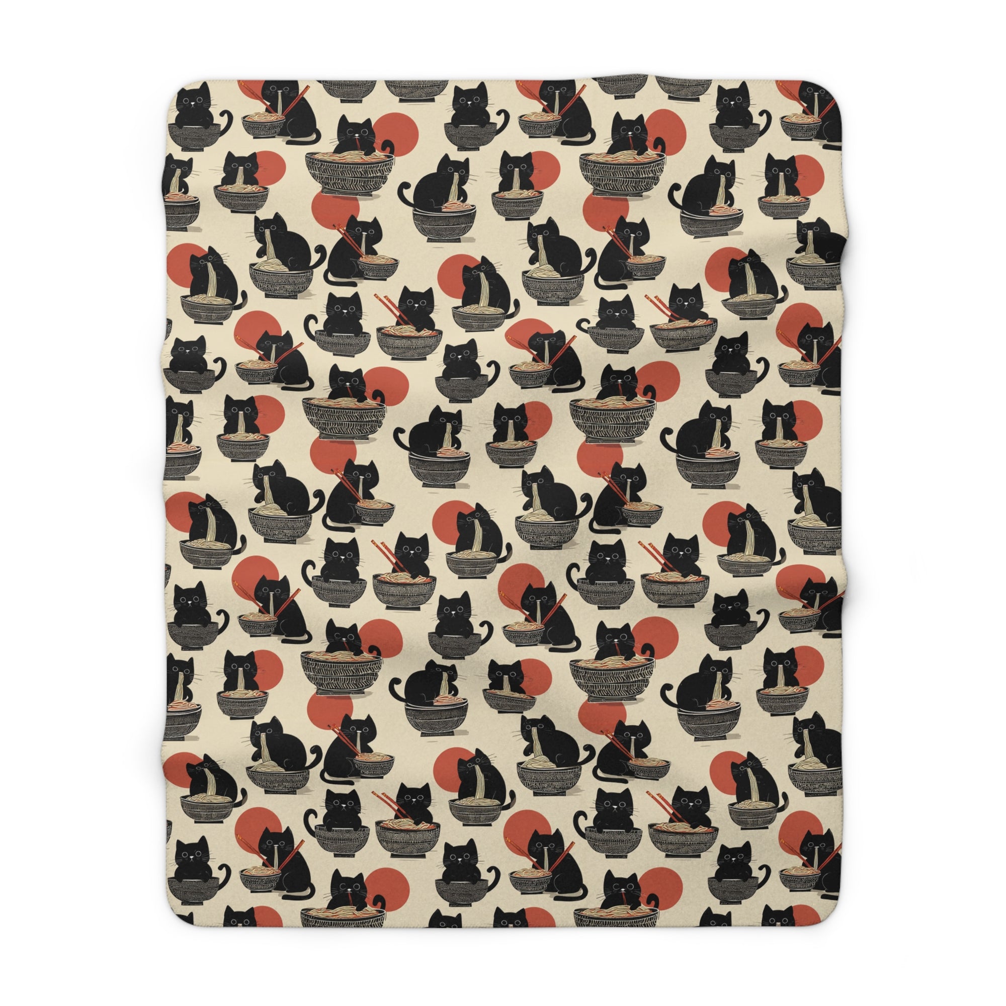 Sherpa Blanket - A whimsical and delightful hand-drawn style pattern of adorable black cats eating bowls of delicious ramen noodles with a large red sun in the background.