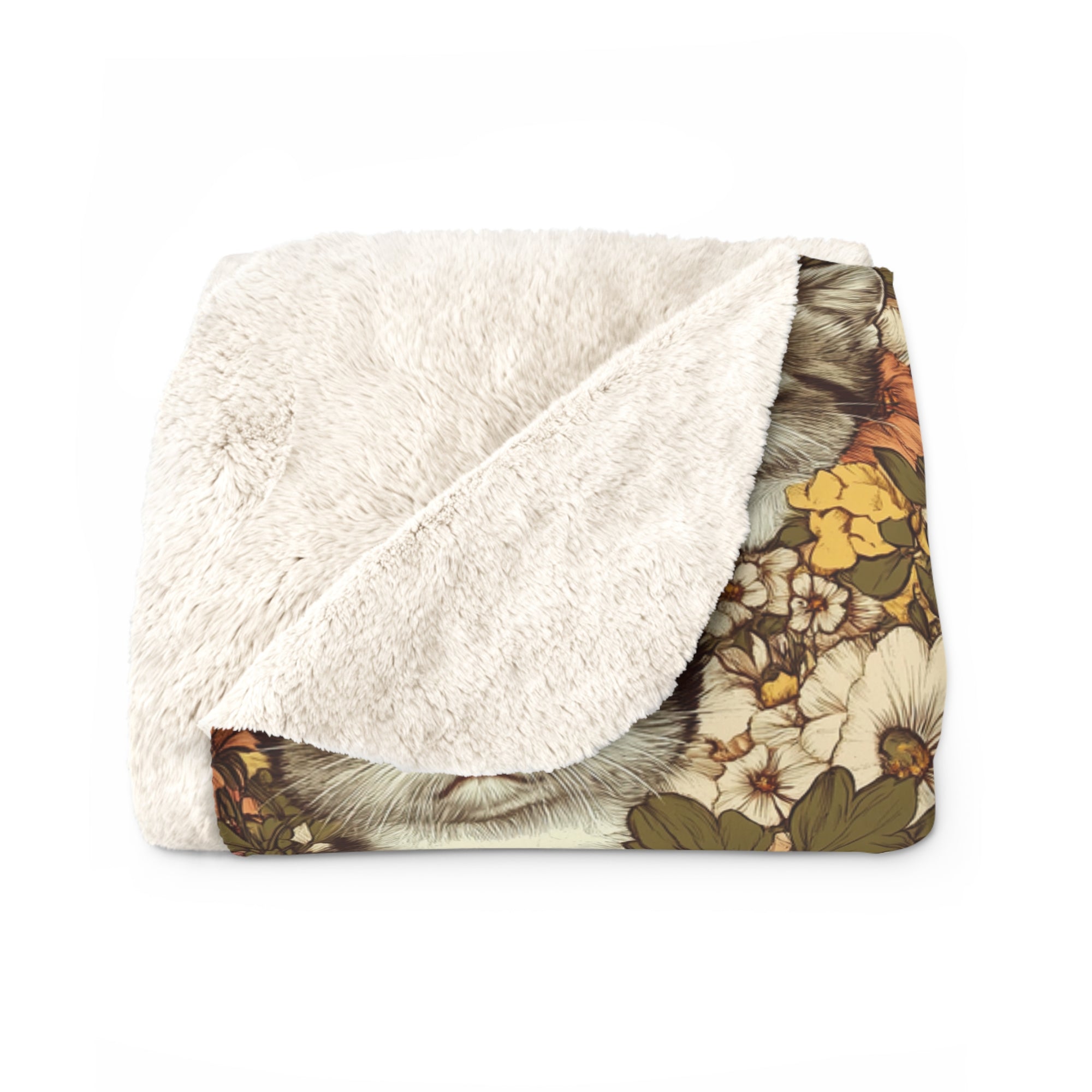 Sherpa Blanket - Grey Tabby Kittens in a Garden of Red, Peach, and Yellow Flowers, Soft Vintage Style