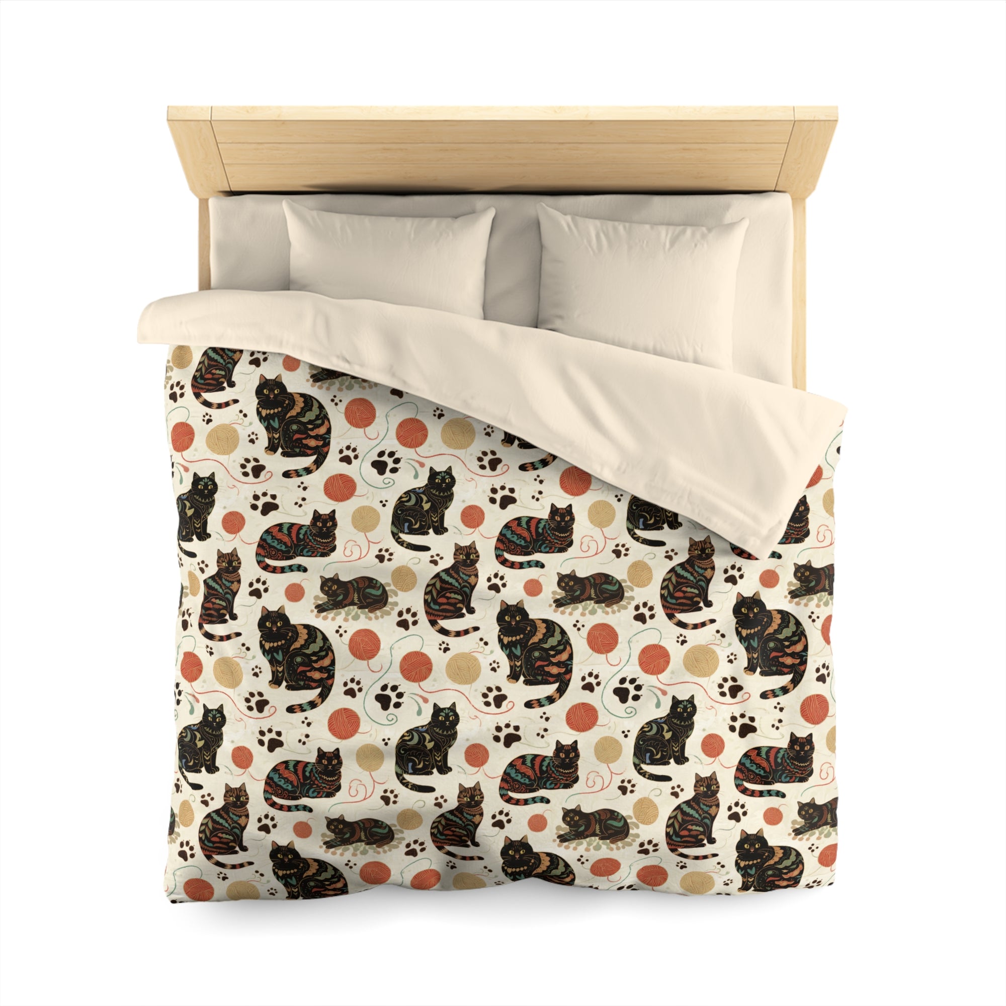 Duvet Cover - Intricate tribal patterned black cats, colorful folk art style, playful felines with yarn balls and paw prints, artistic and bohemian cat design, cream background, unique animal print