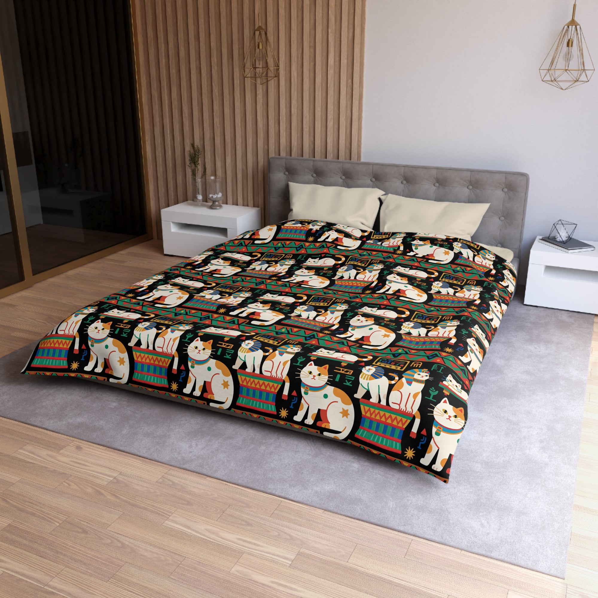 Duvet Cover - Ancient Egyptian Felines with Hieroglyphs and Colorful Borders Adorn this Playful and Culturally Rich Cat Pattern