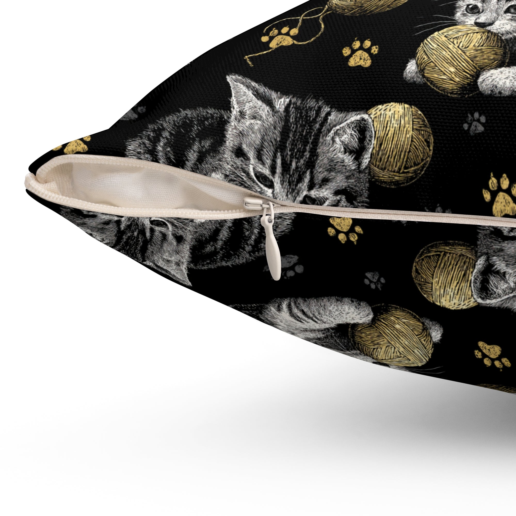 Indoor Square Pillow - Grey and White Kittens Playing with Golden Yarn on a Black Background with Paw Prints