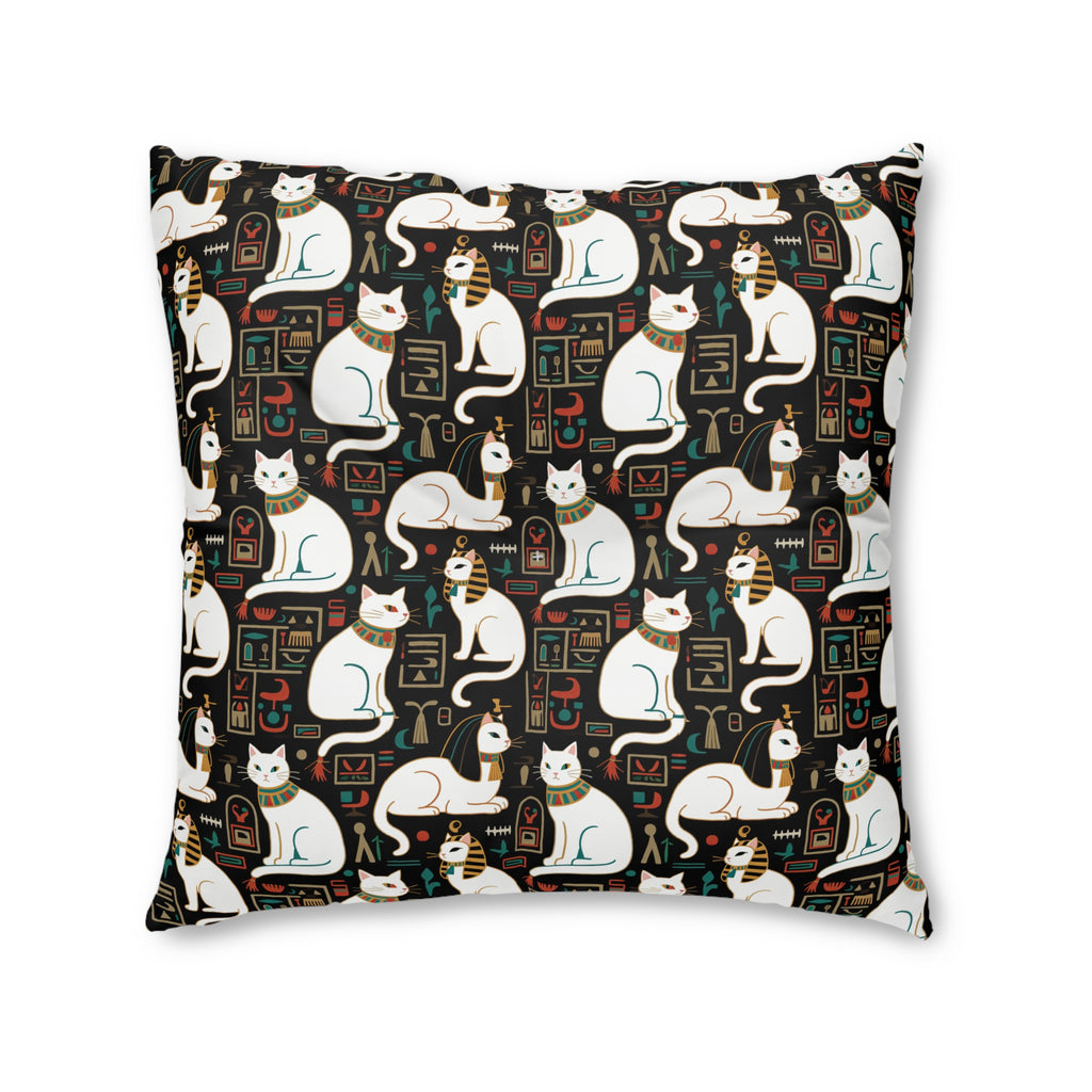 Indoor Square Floor Pillow - Regal White Egyptian Cats with Ornate Collars and Ancient Symbols Adorn this Historically Inspired and Mystical Pattern
