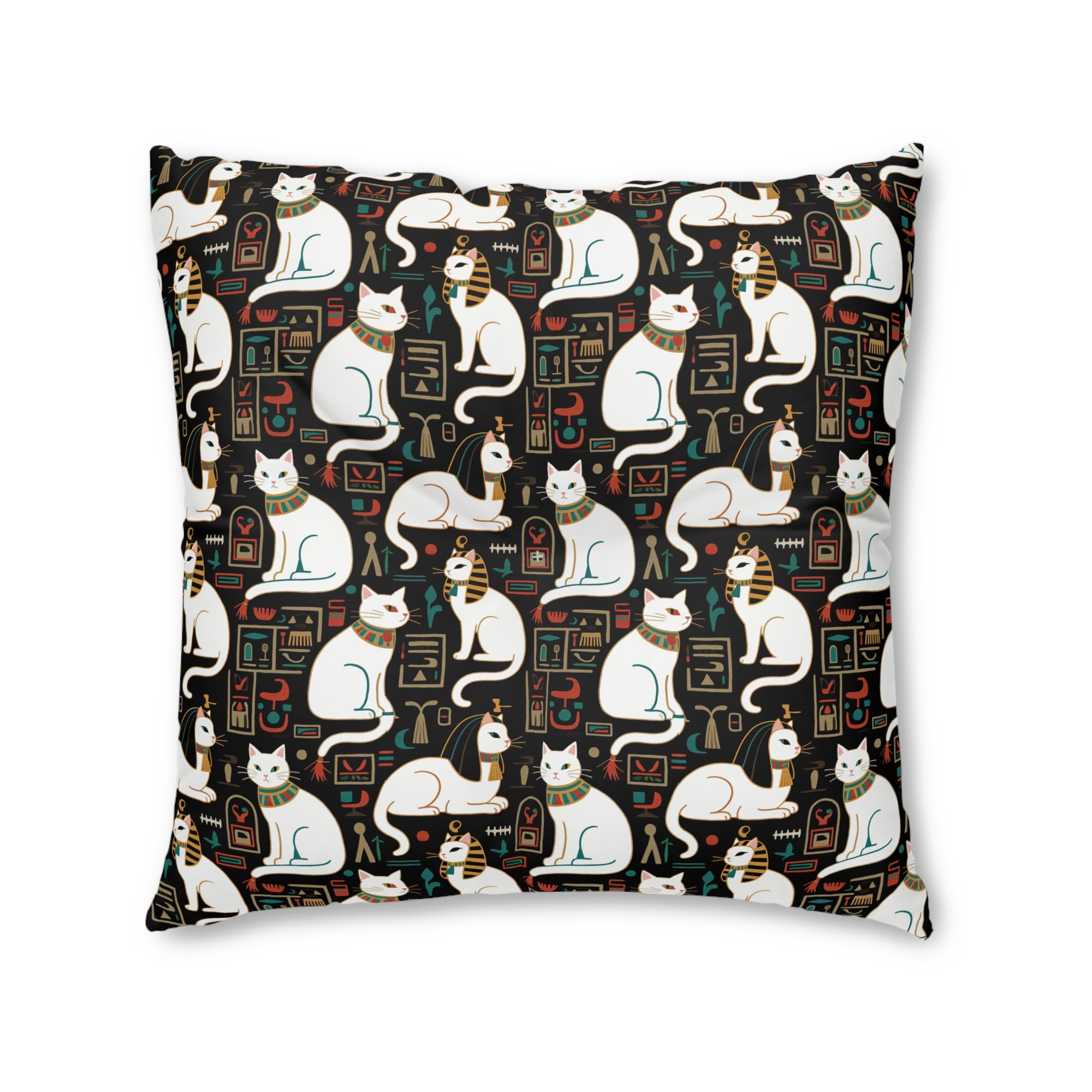 Indoor Square Floor Pillow - Regal White Egyptian Cats with Ornate Collars and Ancient Symbols Adorn this Historically Inspired and Mystical Pattern