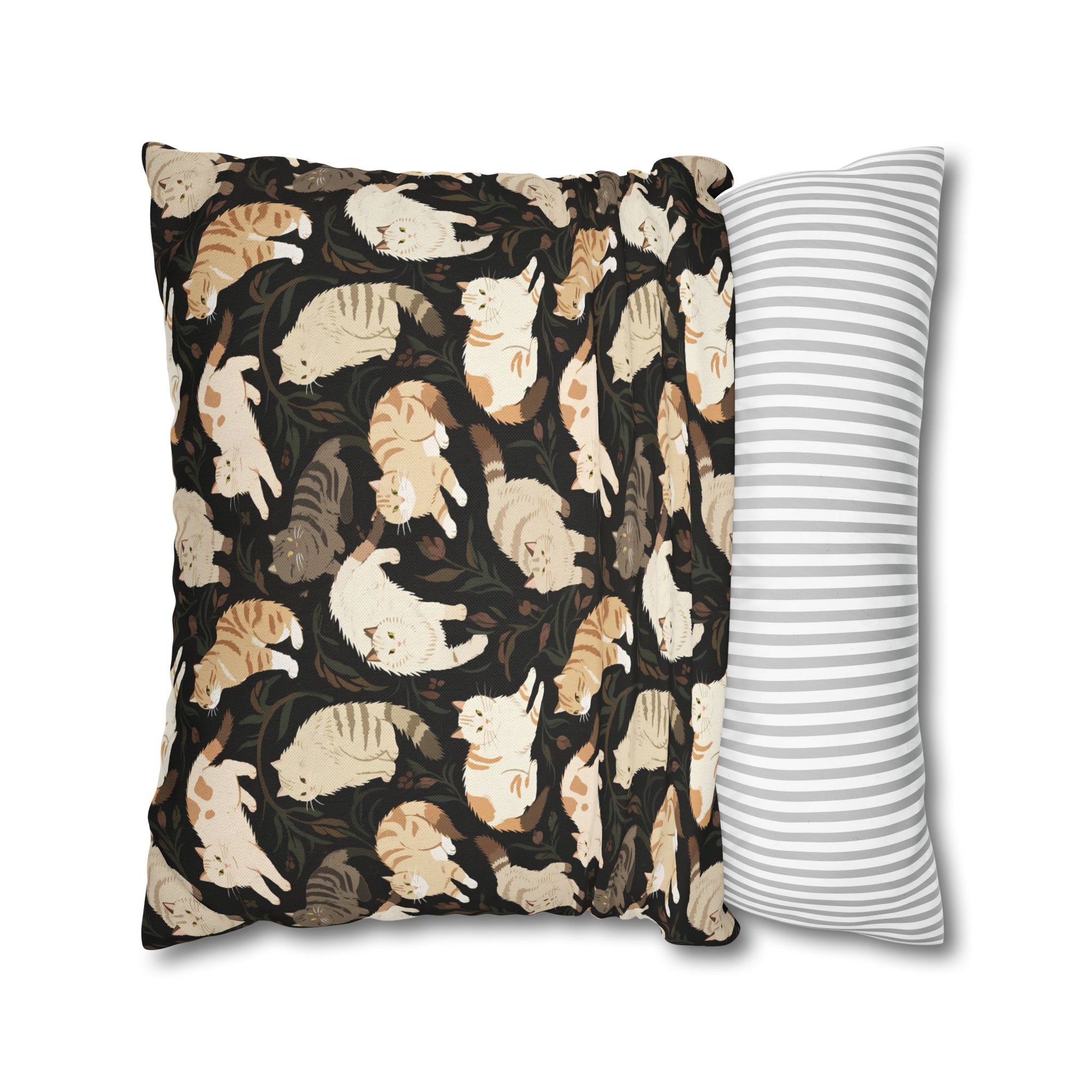 Square Pillowcase - Earthy Toned Cats Lounge and Play Amidst Dark Foliage in a Serene and Naturally Inspired Seamless Pattern Design