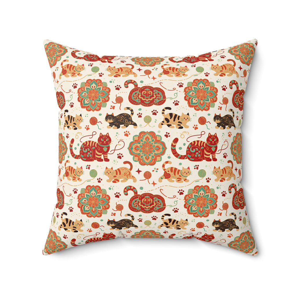 Indoor Square Pillow - Vibrant boho chic cats and mandalas, colorful folk art style, playful felines with yarn and paw prints, artistic and bohemian cat design, cream background, unique animal print