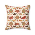 Indoor Square Pillow - Vibrant boho chic cats and mandalas, colorful folk art style, playful felines with yarn and paw prints, artistic and bohemian cat design, cream background, unique animal print