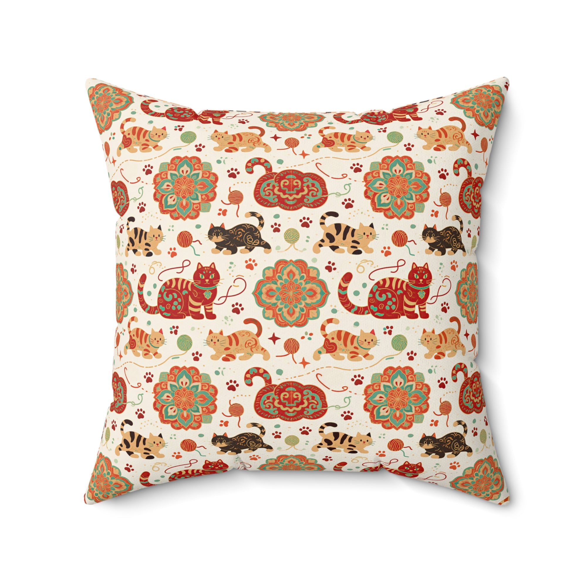 Indoor Square Pillow - Vibrant boho chic cats and mandalas, colorful folk art style, playful felines with yarn and paw prints, artistic and bohemian cat design, cream background, unique animal print
