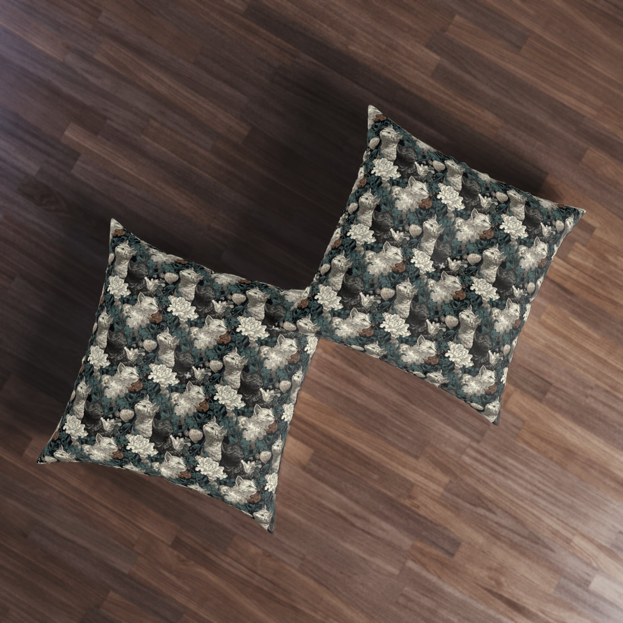 Indoor Square Floor Pillow - Grey and White Kittens with Creamy White Flowers and Dark Green Foliage, Elegant Vintage Vibe