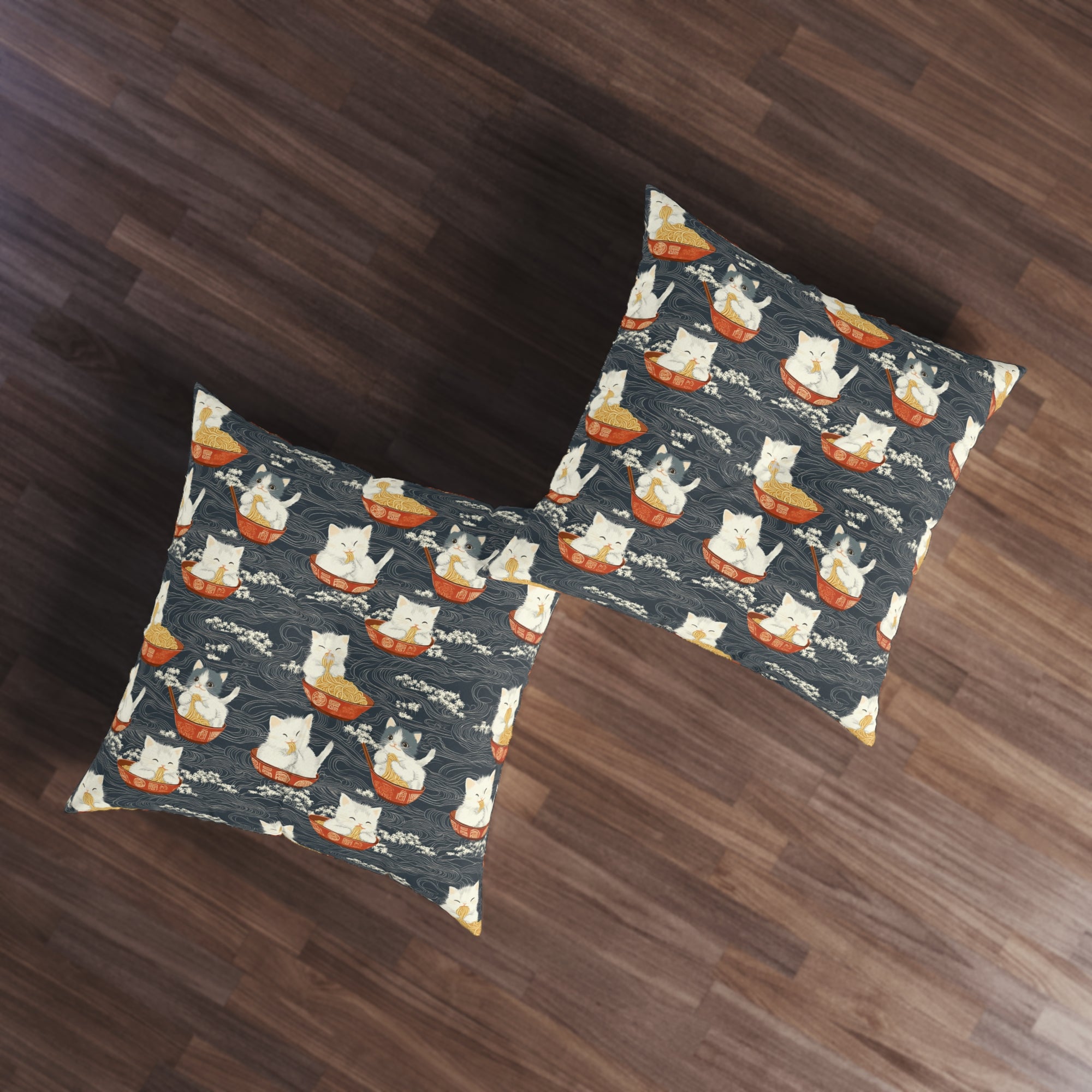 Indoor Square Floor Pillow - An adorable and cute pattern of baby cats happily eating steaming ramen noodles from traditional red and white bowls with beautiful white floral elements surrounding them.