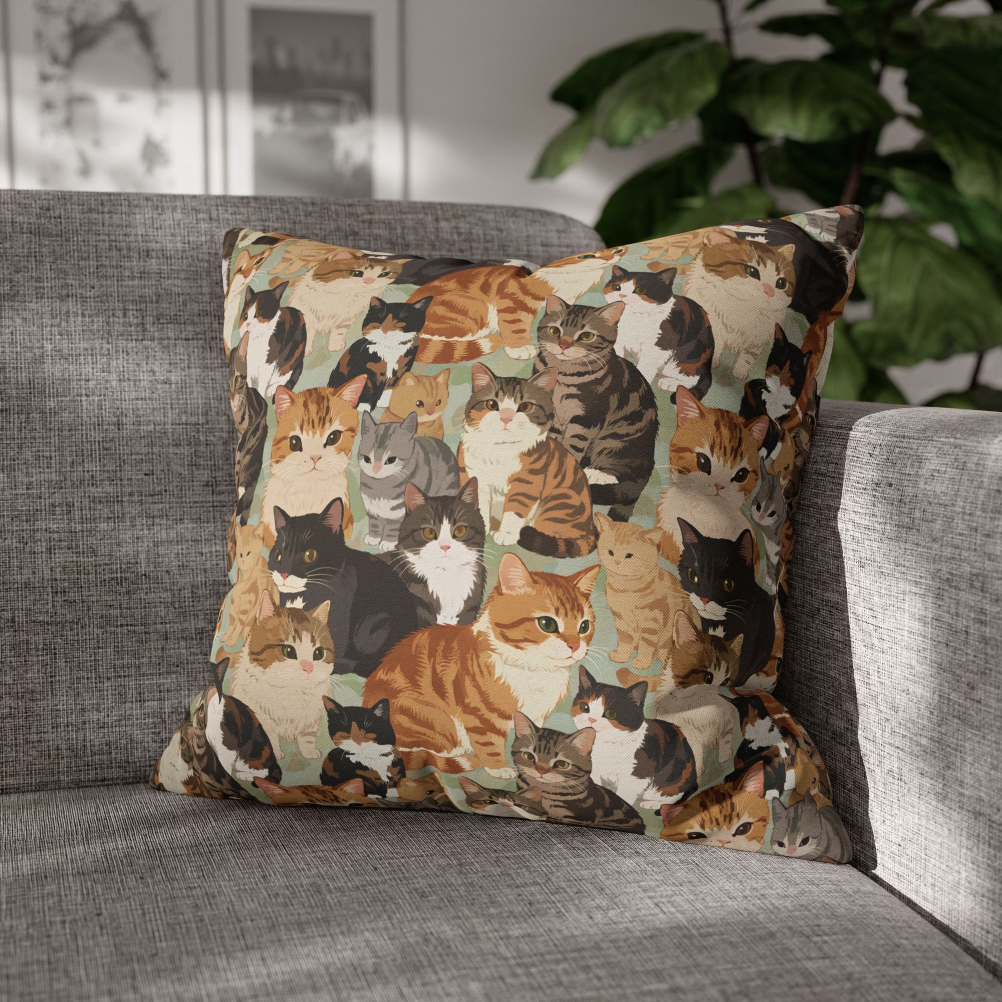 Square Pillowcase - A Densely Packed Gathering of Adorable Felines Featuring a Wide Range of Breeds and Playful Expressions in Close Proximity