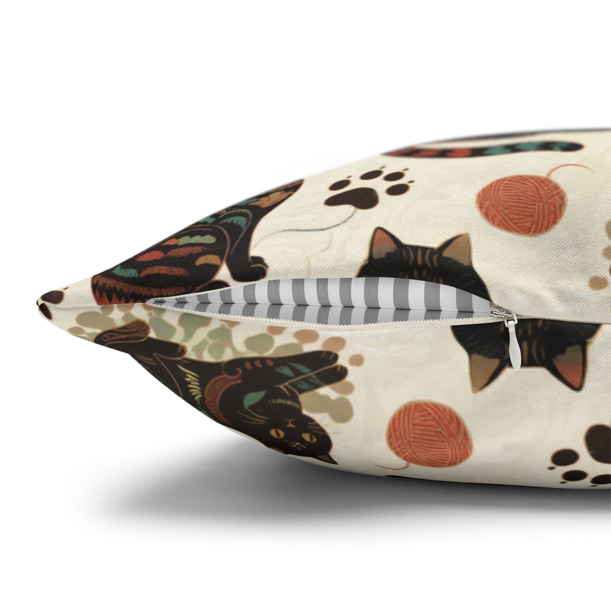 Square Pillowcase - Intricate tribal patterned black cats, colorful folk art style, playful felines with yarn balls and paw prints, artistic and bohemian cat design, cream background, unique animal print