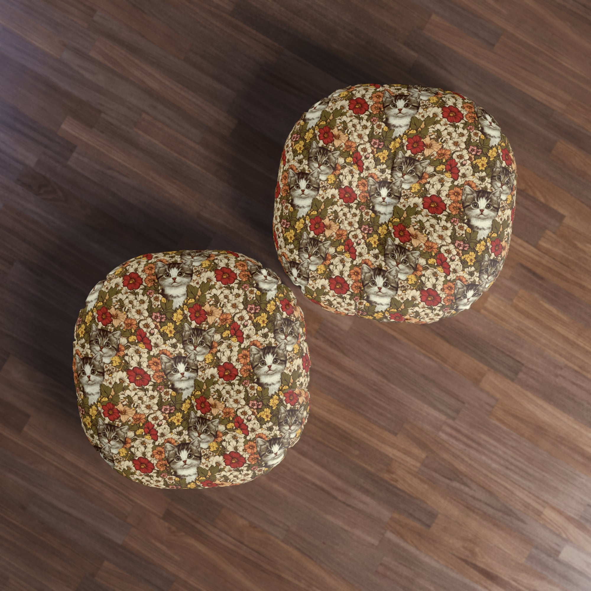 Indoor Round Floor Pillow - Grey Tabby Kittens in a Garden of Red, Peach, and Yellow Flowers, Soft Vintage Style
