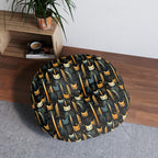 Indoor Round Floor Pillow - A sleek and stylish Art Deco-inspired pattern depicting a serene nocturnal landscape with streamlined cat silhouettes and radiating golden light among abstract plants.