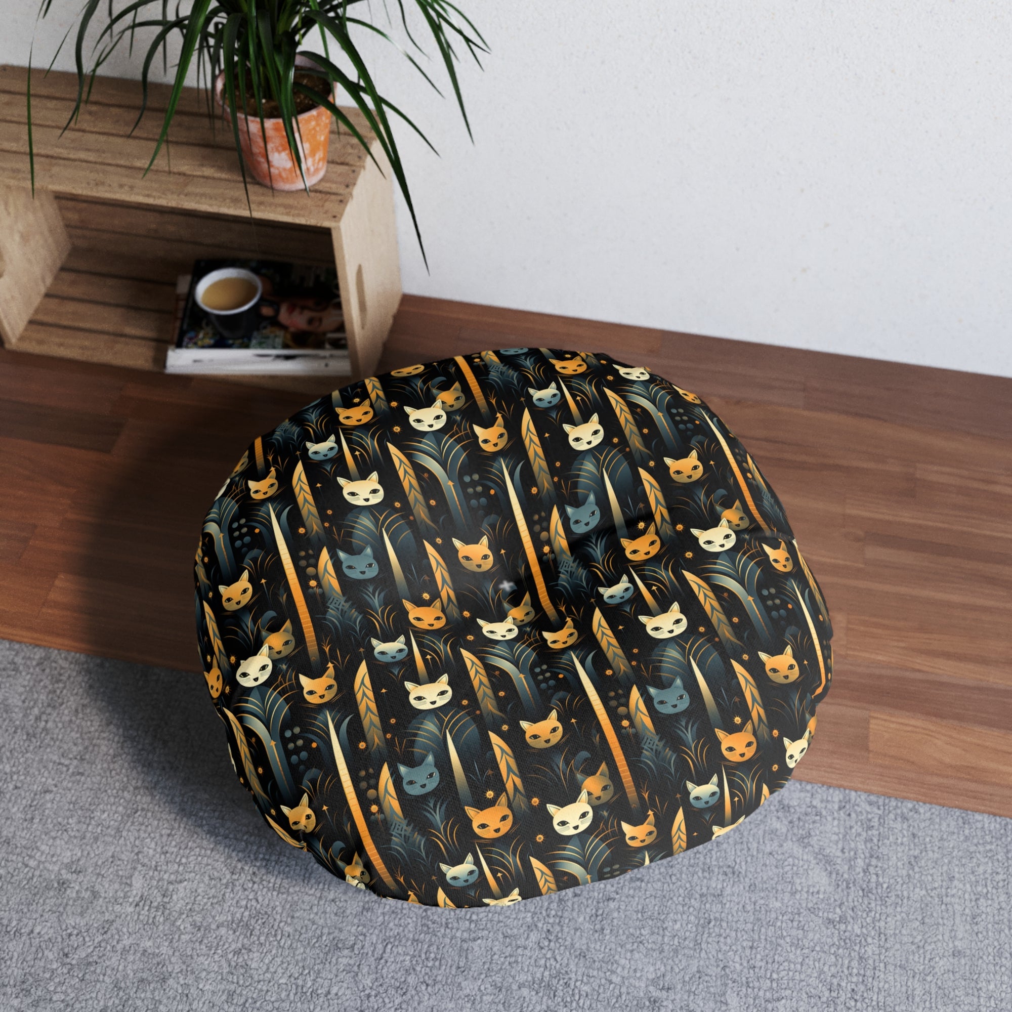 Indoor Round Floor Pillow - A sleek and stylish Art Deco-inspired pattern depicting a serene nocturnal landscape with streamlined cat silhouettes and radiating golden light among abstract plants.