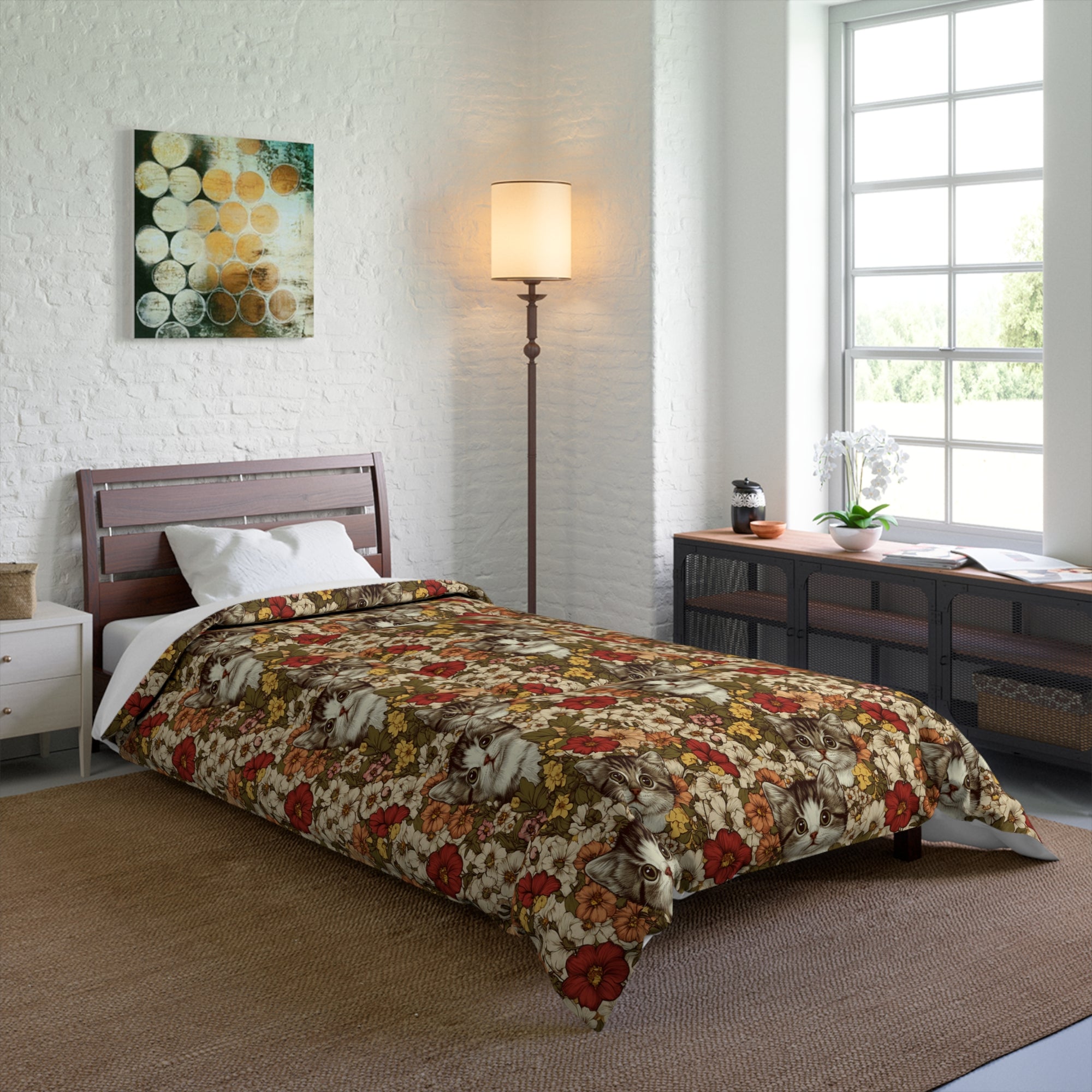 Comforter - Grey Tabby Kittens in a Garden of Red, Peach, and Yellow Flowers, Soft Vintage Style