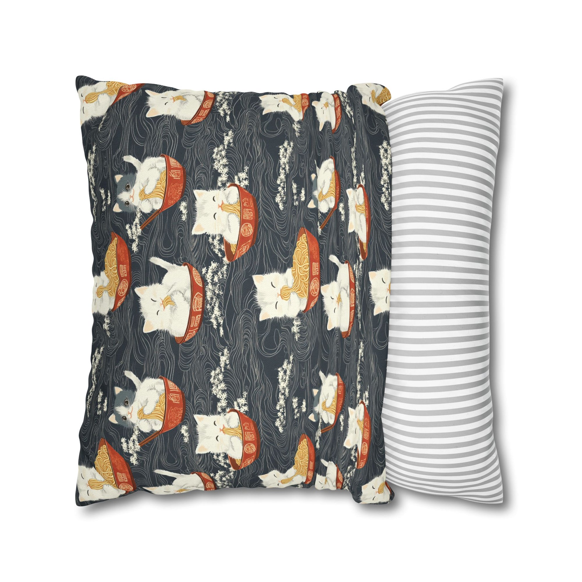 Square Pillowcase - An adorable and cute pattern of baby cats happily eating steaming ramen noodles from traditional red and white bowls with beautiful white floral elements surrounding them.