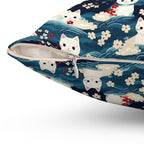 Indoor Square Pillow - A lovely, playful, Japanese-inspired illustration of sweet white cats sitting on rolling blue waves with red and white flowers and gentle clouds.