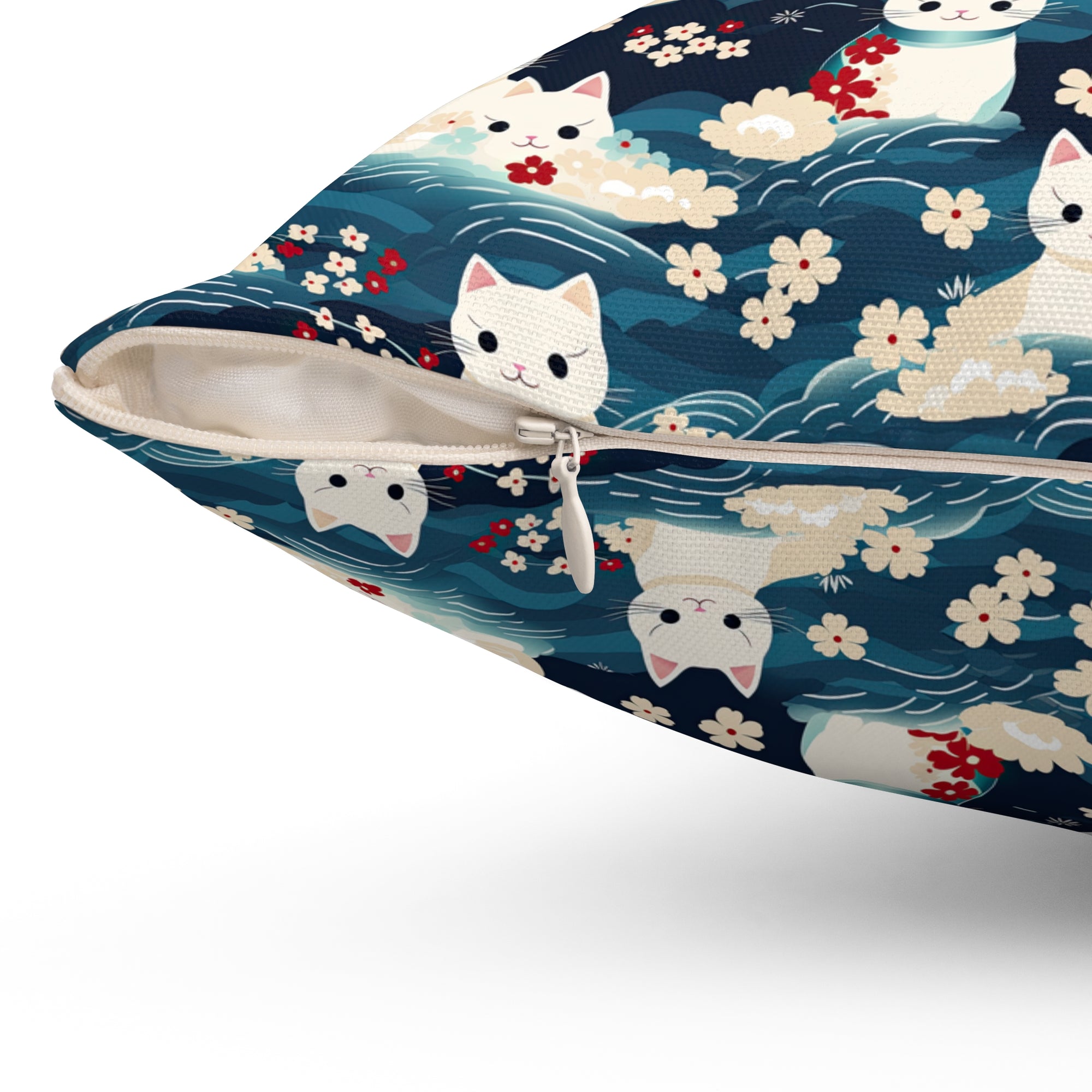 Indoor Square Pillow - A lovely, playful, Japanese-inspired illustration of sweet white cats sitting on rolling blue waves with red and white flowers and gentle clouds.