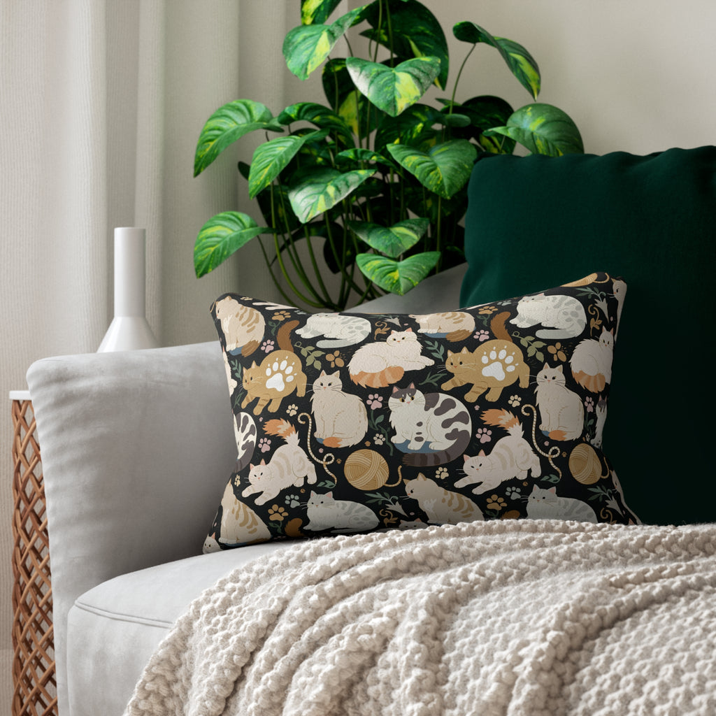 Indoor Lumbar Pillow - Diverse cats and kittens in a dark garden, various breeds and colors, soft natural tones with foliage and paw prints, charming animal illustration, dark background, gentle pet themed art