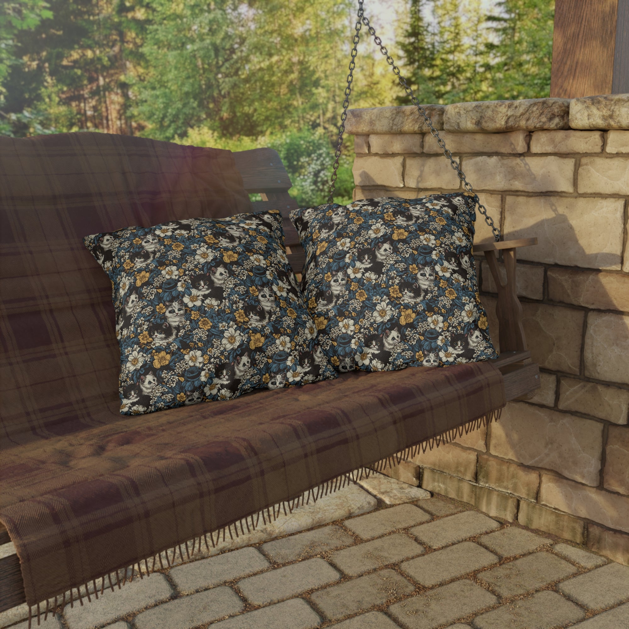 Outdoor Pillow - Black and White Kittens with Yellow and White Flowers, Dark Blue Leaves, Vintage Charm