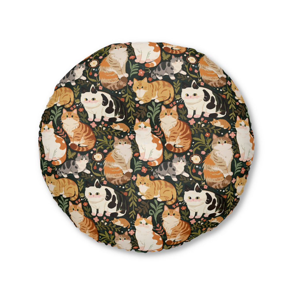 Indoor Round Floor Pillow - Whimsical cat and kitten garden party, various cat breeds amidst green foliage and pink flowers, charming animal illustration, dark forest green background, playful and natural art