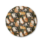 Indoor Round Floor Pillow - Whimsical cat and kitten garden party, various cat breeds amidst green foliage and pink flowers, charming animal illustration, dark forest green background, playful and natural art