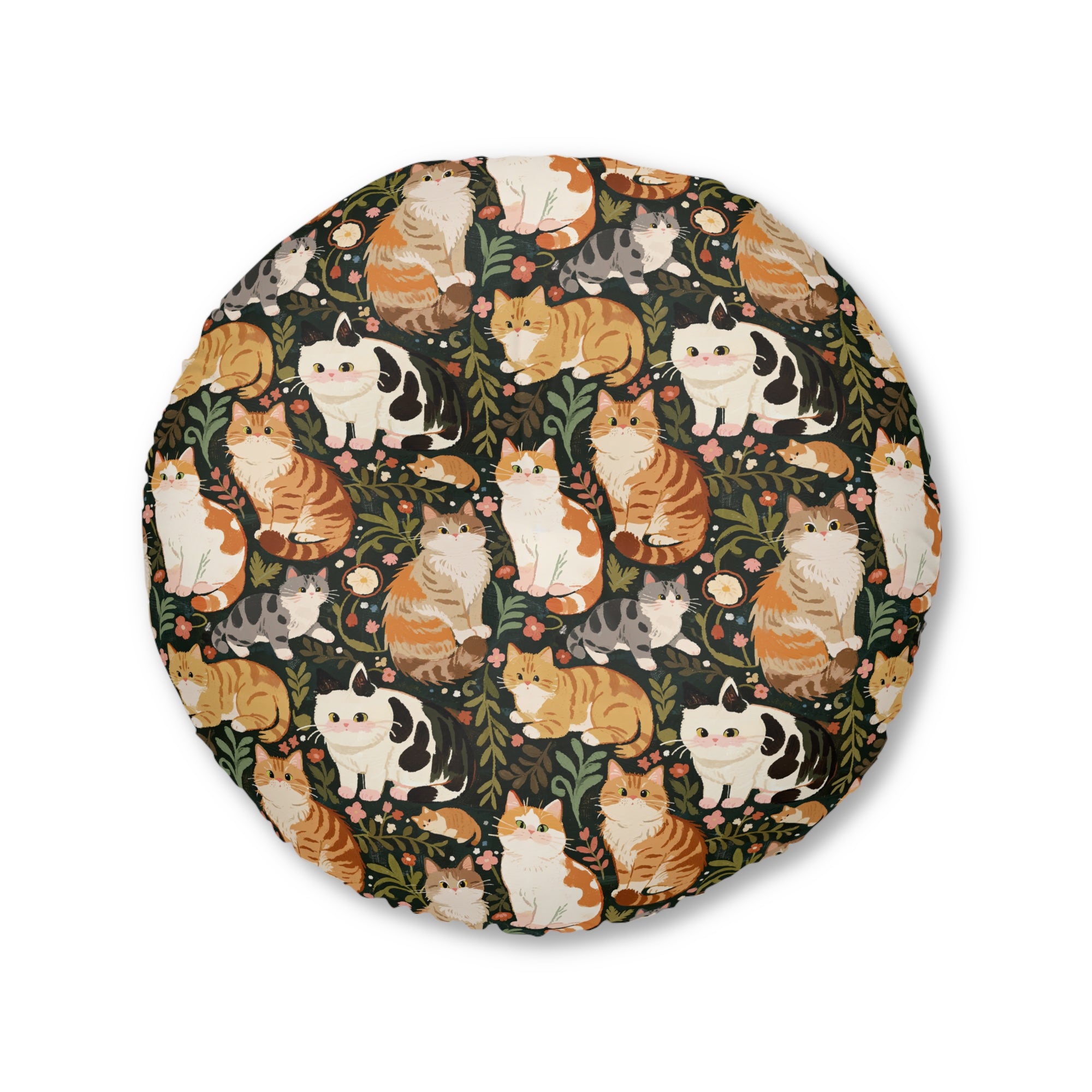 Indoor Round Floor Pillow - Whimsical cat and kitten garden party, various cat breeds amidst green foliage and pink flowers, charming animal illustration, dark forest green background, playful and natural art