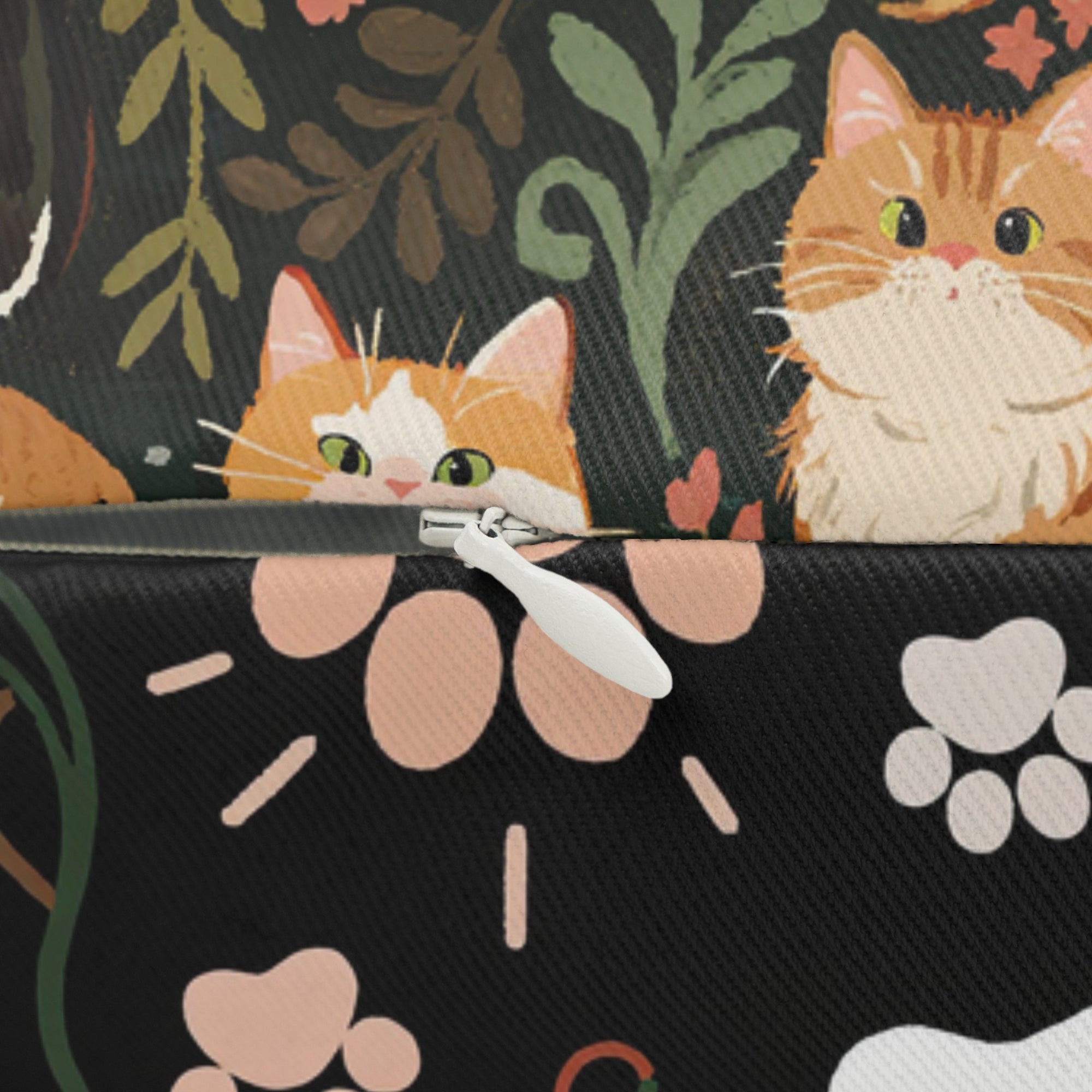 Indoor Lumbar Pillow - Whimsical cat and kitten garden party, various cat breeds amidst green foliage and pink flowers, charming animal illustration, dark forest green background, playful and natural art