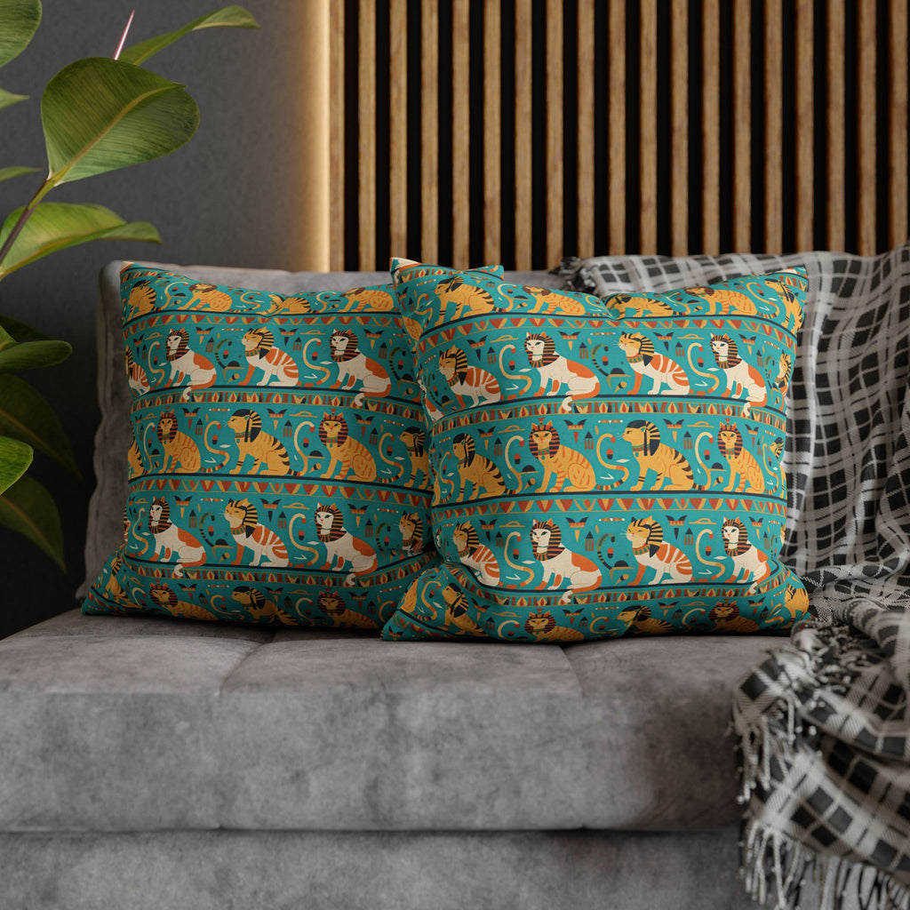 Square Pillowcase - Horizontal Stripes of Golden Egyptian Cats and Intricate Hieroglyphs Form a Repeating and Historically Themed Border Pattern