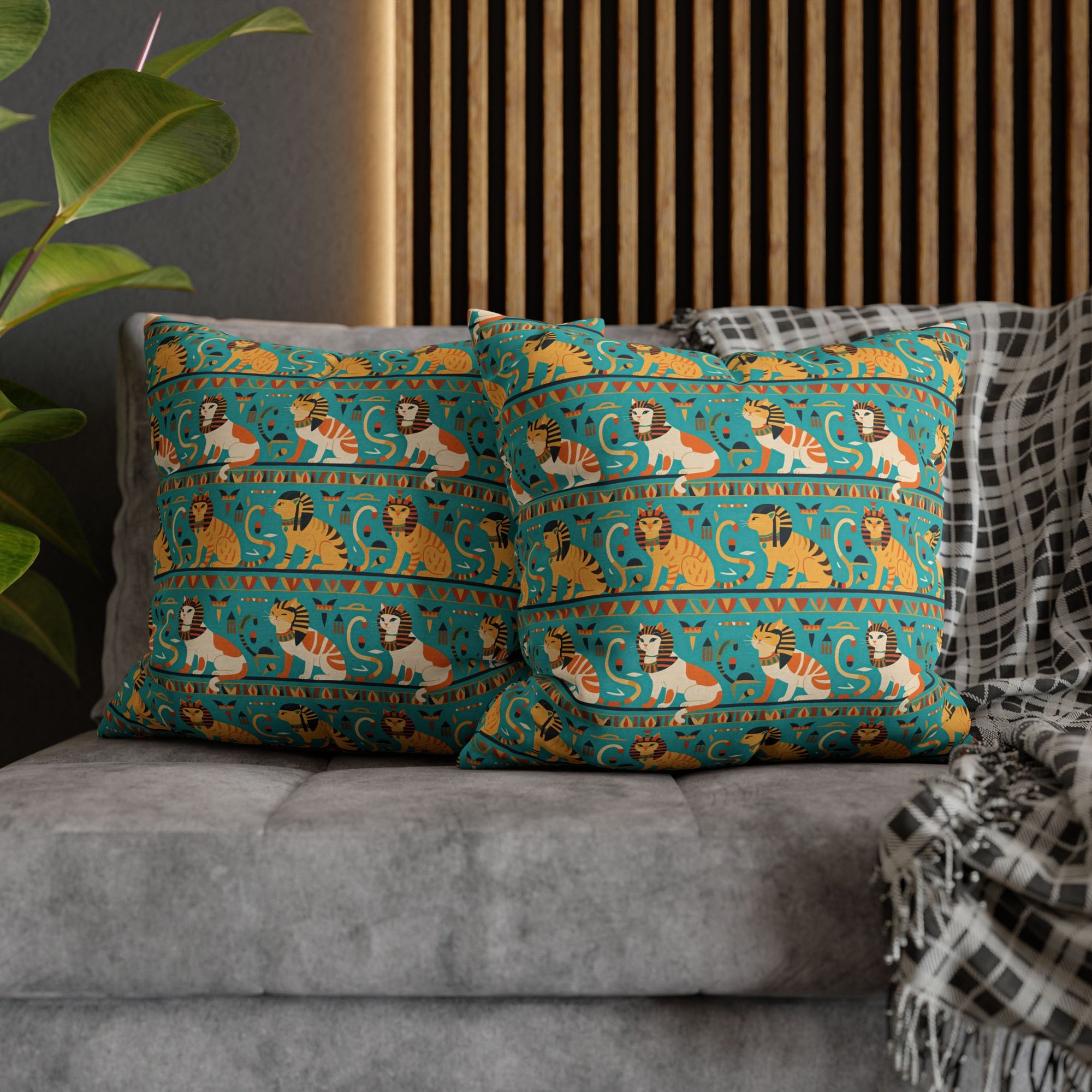 Square Pillowcase - Horizontal Stripes of Golden Egyptian Cats and Intricate Hieroglyphs Form a Repeating and Historically Themed Border Pattern