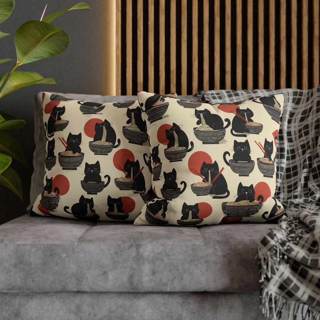 Square Pillowcase - A whimsical and delightful hand-drawn style pattern of adorable black cats eating bowls of delicious ramen noodles with a large red sun in the background.