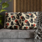 Square Pillowcase - A whimsical and delightful hand-drawn style pattern of adorable black cats eating bowls of delicious ramen noodles with a large red sun in the background.