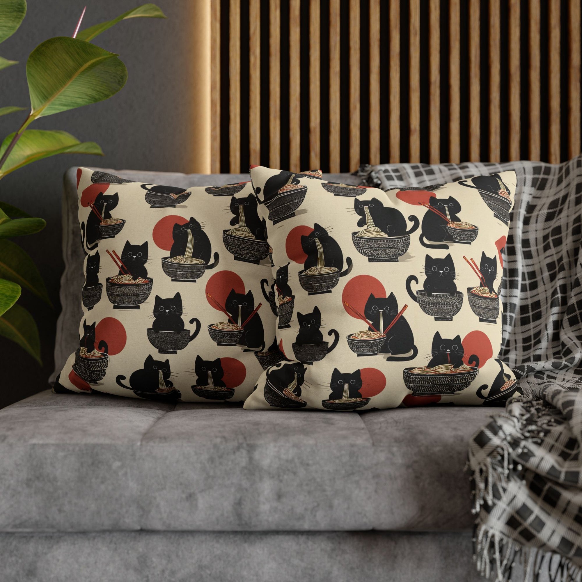 Square Pillowcase - A whimsical and delightful hand-drawn style pattern of adorable black cats eating bowls of delicious ramen noodles with a large red sun in the background.