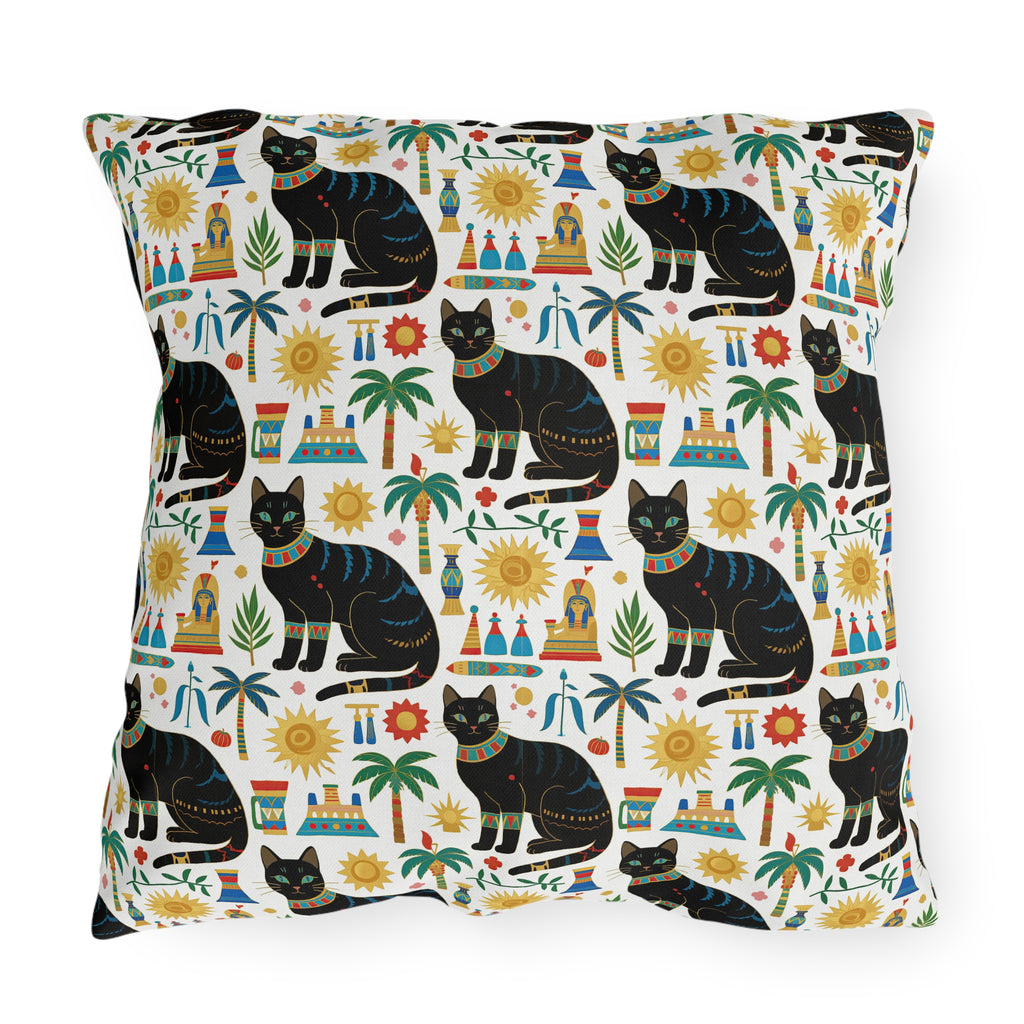 Outdoor Pillow - Majestic Black Egyptian Cats with Vibrant Adornments and Desert Motifs Create a Striking and Culturally Rich Design