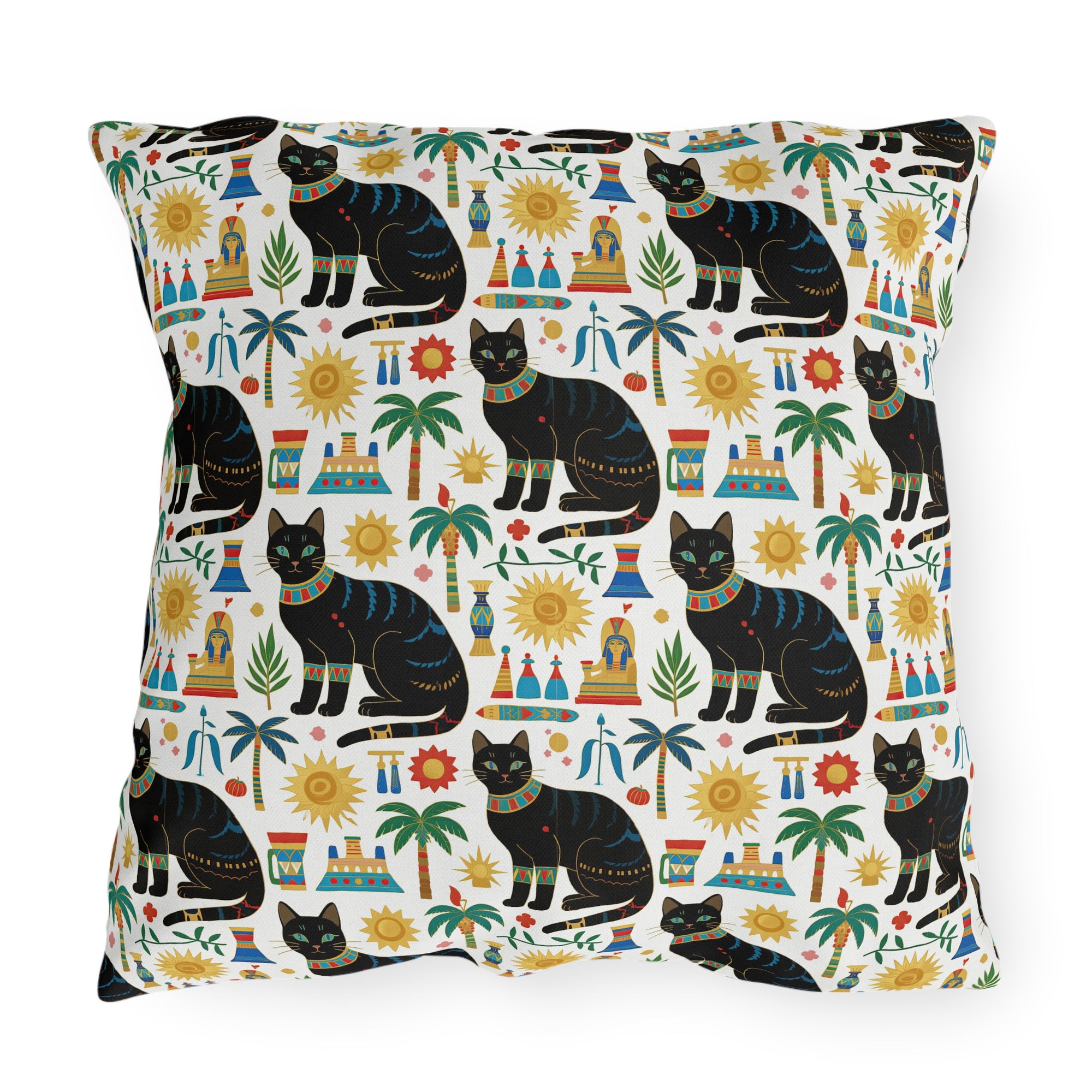 Outdoor Pillow - Majestic Black Egyptian Cats with Vibrant Adornments and Desert Motifs Create a Striking and Culturally Rich Design