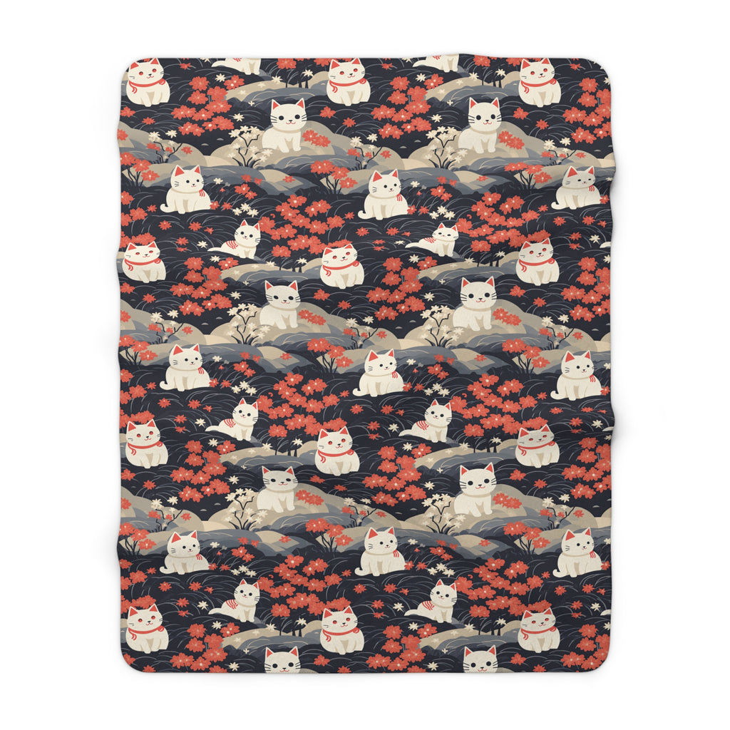Sherpa Blanket - A charming, minimalist, Japanese-style illustration of cute white cats sitting amongst vibrant red and white flowers on a dark background.