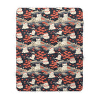 Sherpa Blanket - A charming, minimalist, Japanese-style illustration of cute white cats sitting amongst vibrant red and white flowers on a dark background.