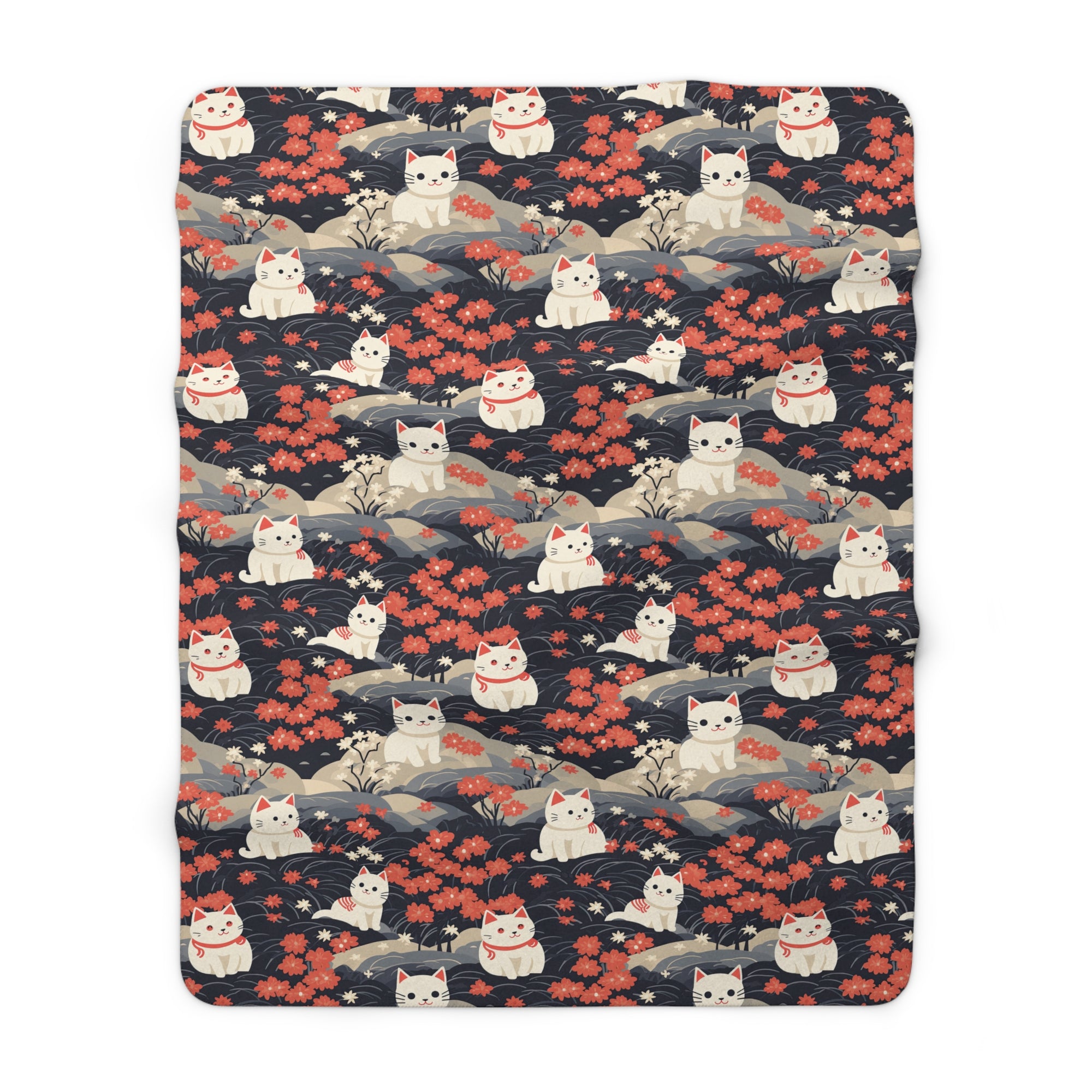 Sherpa Blanket - A charming, minimalist, Japanese-style illustration of cute white cats sitting amongst vibrant red and white flowers on a dark background.