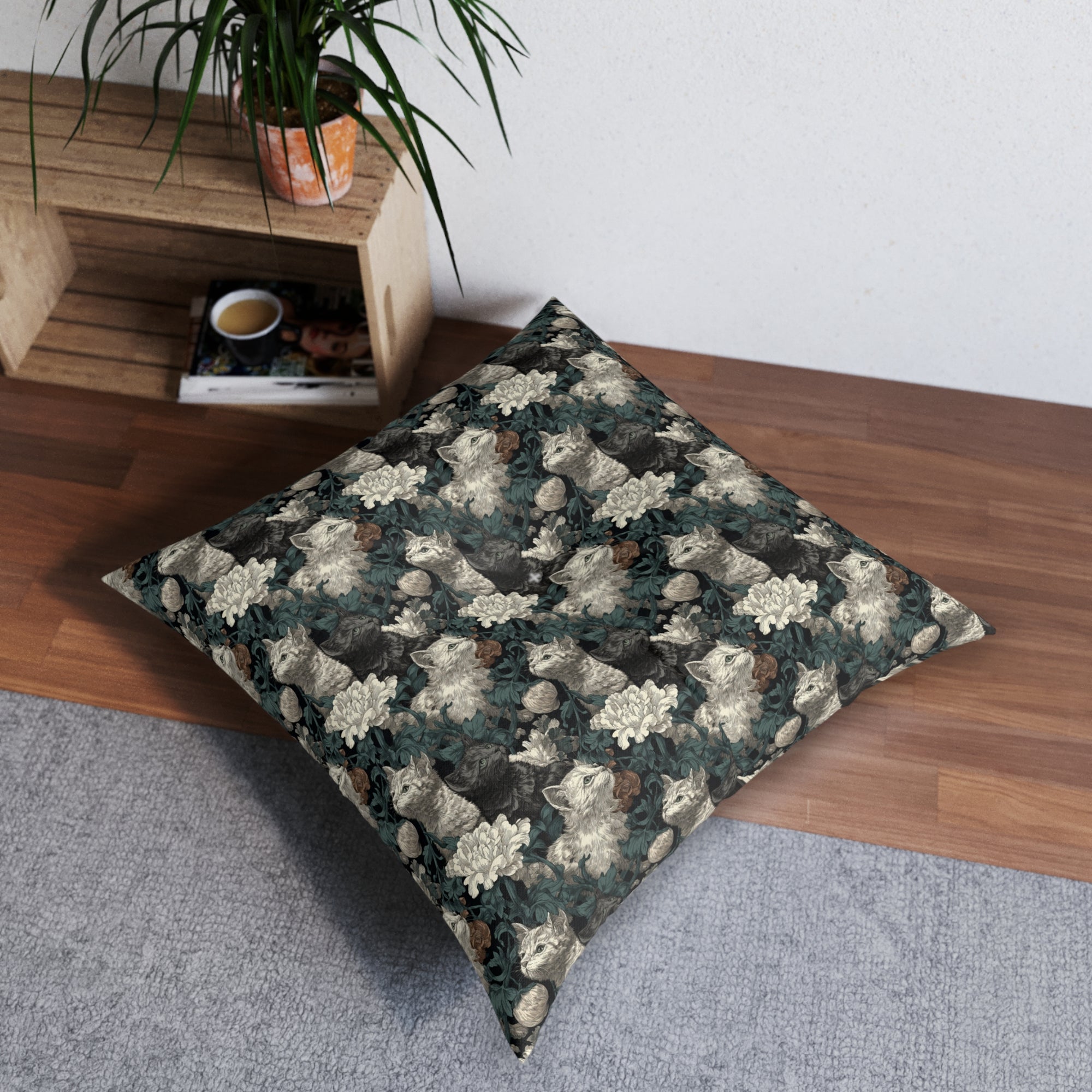 Indoor Square Floor Pillow - Grey and White Kittens with Creamy White Flowers and Dark Green Foliage, Elegant Vintage Vibe